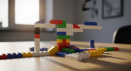 Naklejka premium Colorful Lego Structure on a Wooden Table - A Creative Construction.