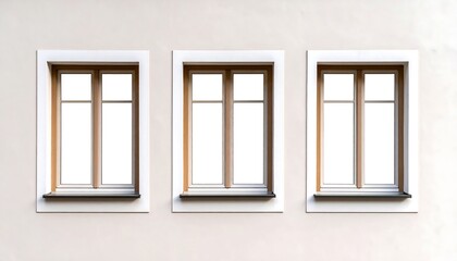 Obraz premium Three rectangular windows with white frames are set into a lightly-textured, neutral-toned wall. Each window has a sill