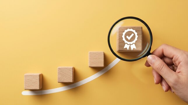 Quality Assurance: A magnified inspection reveals a quality seal, symbolized by a checkmark within a badge, signifying exceptional standards, growth and excellence in the quality assurance process.