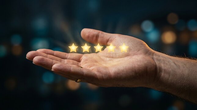 The Ultimate Customer Experience: A close-up shot of a hand cupping glowing stars representing exceptional service and feedback. conveying a message of outstanding quality and client satisfaction.