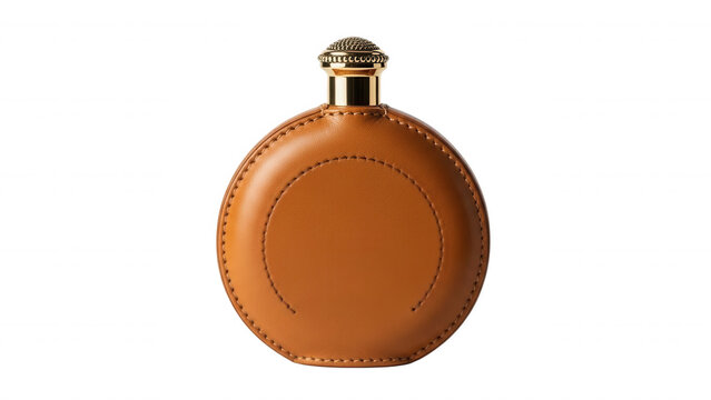 Round leather-wrapped flask with a metallic gold screw cap, isolated against a solid black background, featuring visible stitching details