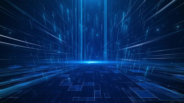 Blue cyber grid stage with vertical light beams, digital rain, glowing floor, and deep tech space. Perfect for AI videos, cyber intros, software screens, data promos, and overlays.