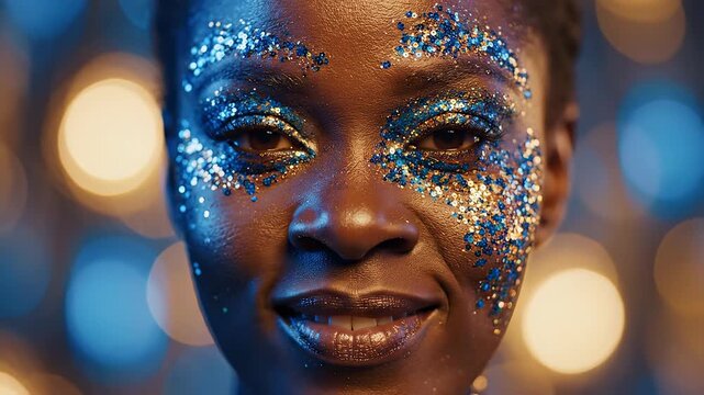 Face with glitter makeup and bokeh lights emphasizing fluid motion and vibrant color palettes