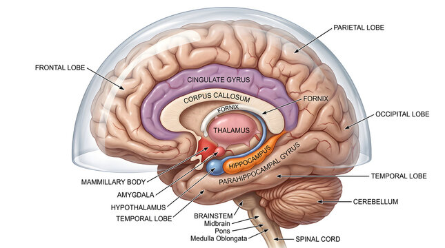 Medial view of the human brain showing major lobes, limbic system structures, thalamus, hypothalamus, brainstem and cerebellum beneath a transparent skull, providing an overview of functional regions 