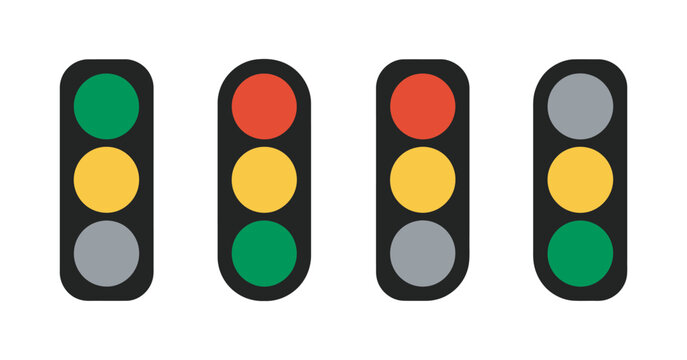 Traffic Light Icon Set, red yellow green signals, traffic signal regulation system icons, street control design, clean vector illustration