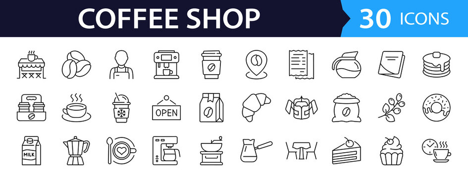 Coffee Web Icon Set in Linear Style. Collection of coffee shop line icons, including menu, cafe, barista, beans, cup, coffee machine, coffee house, espresso, cappuccino, drink and more Editable stroke
