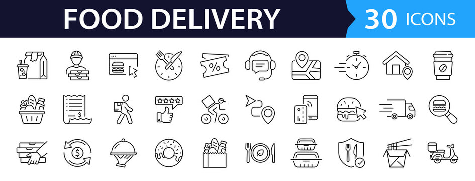 Food delivery Web Icon Set in Linear Style. Collection of delivery line icons, including courier, restaurant, food, fast food, scooter, deliver, menu, grocery, take away and more. Editable stroke