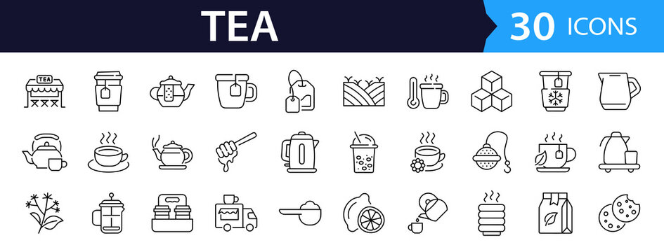 Tea Web Icon Set in Linear Style. Collection of tea shop line icons, including cups, teapots, leaves, kettles, mugs, and herbal brewing elements, tea bag, green tea, matcha and more. Editable stroke