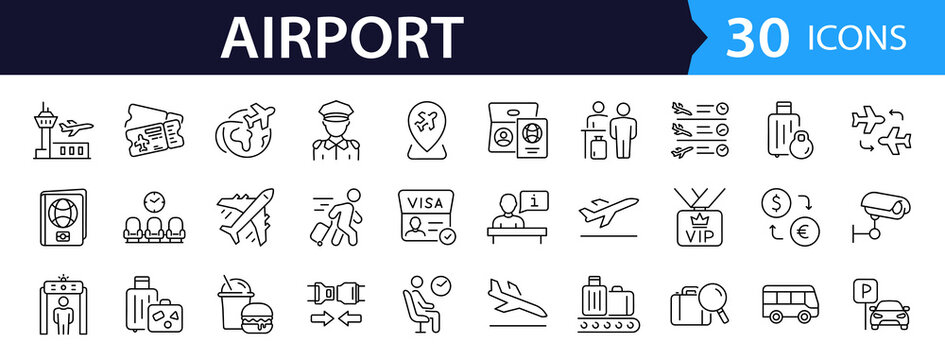 Airport Web Icon Set in Linear Style. Collection of flight line icons, including plane, airplane, flight, airline, boarding pass, tickets, baggage, seat, aerodrome, traveler and more. Editable stroke