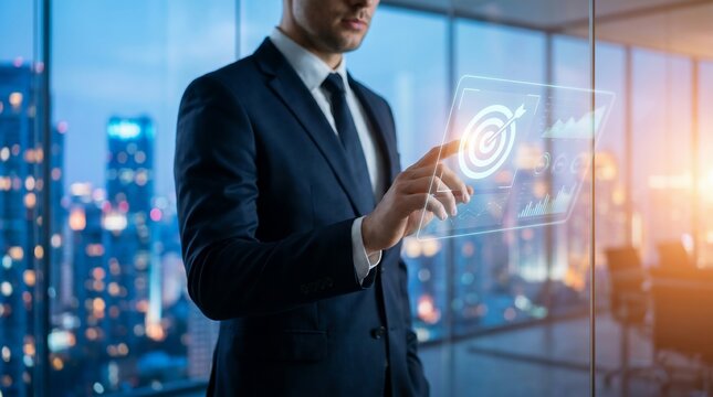 businessman pushing a touch screen interface
