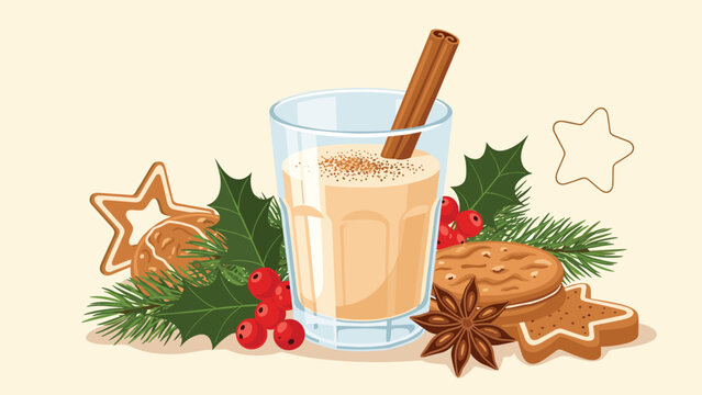 Festive holiday scene with a glass of creamy eggnog garnished with cinnamon next to gingerbread cookies and evergreen branches.
