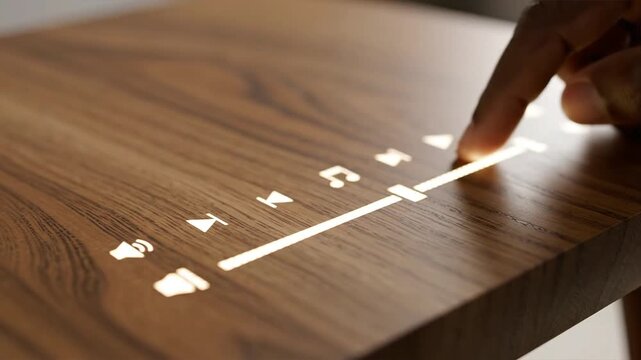 Hand interacting with luminous digital interface seamlessly integrated into polished wooden surface controlling multimedia playback for immersive audio and visual experiences a blend of natural and te