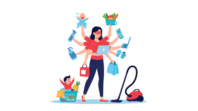 Super mom multitasking with multiple arms performing house chores and caring for children at the same time.