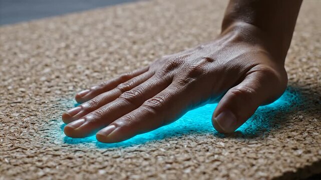 Human palm pressing into textured cork surface illuminating with vibrant blue bioluminescent glow from beneath symbolizing innovative sustainable material and futuristic interactive technology. Ambien
