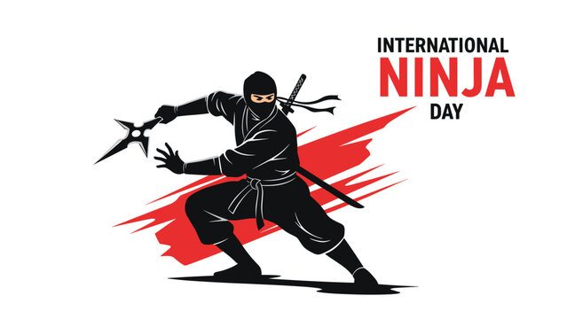 International Ninja Day poster showing a black ninja in a combat pose with a shuriken and katana against red brush strokes.