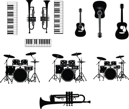 Musical instrument silhouette vector collection featuring acoustic guitars, drum kits, trumpets, and piano keyboards for creative live performance designs