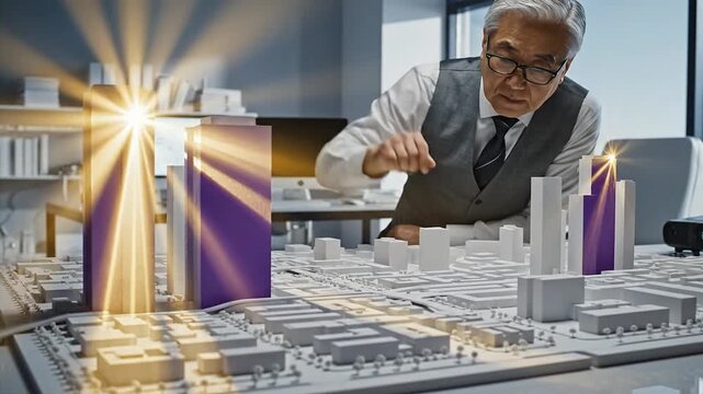 Visionary architect meticulously crafts future city skyline with innovative skyscraper models symbolizing urban development and architectural brilliance in a professional workspace. Ambient Computing 