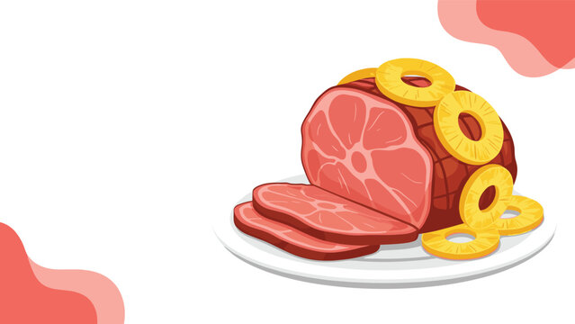 Classic baked holiday ham served on a plate and decorated with sweet pineapple rings for a festive family dinner.