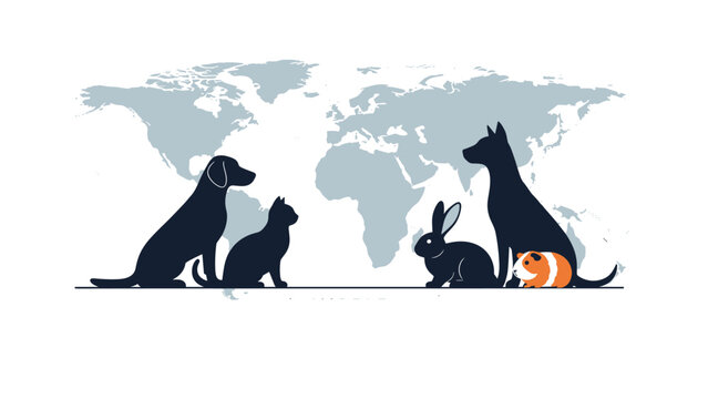Global pet care and animal welfare concept showing silhouettes of dog cat rabbit and guinea pig in front of world map.
