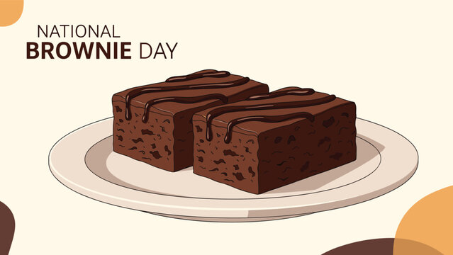 Pair of chocolate brownies with sweet chocolate drizzle served on a white plate celebrating National Brownie Day.