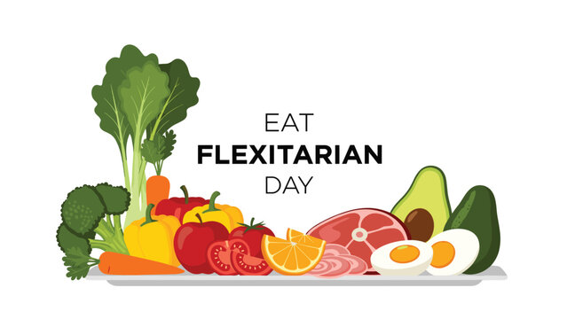Diverse selection of vegetables, fruits, meat, and eggs representing the balanced diet for Eat Flexitarian Day.