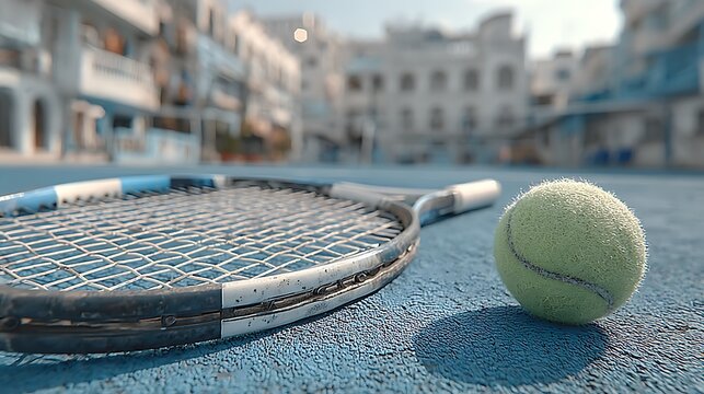 Minimal tennis equipment on bright blue hard court contemporary sports illustration