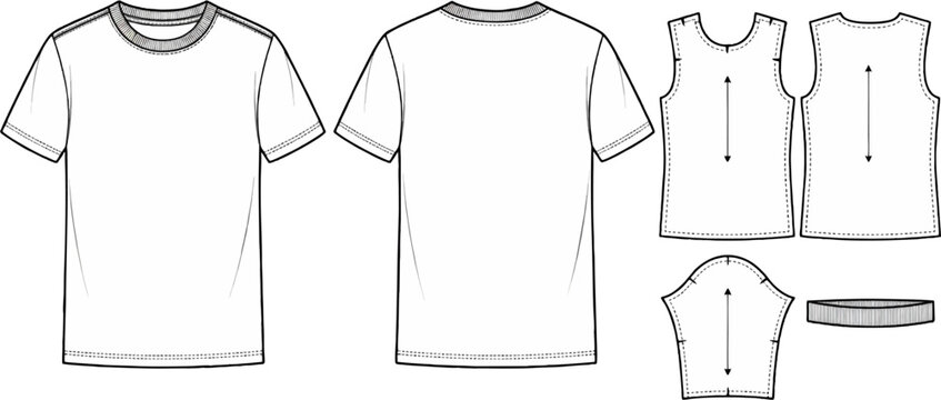 T-Shirt Technical Flat Sketch with Front Back View and Pattern Pieces Layout