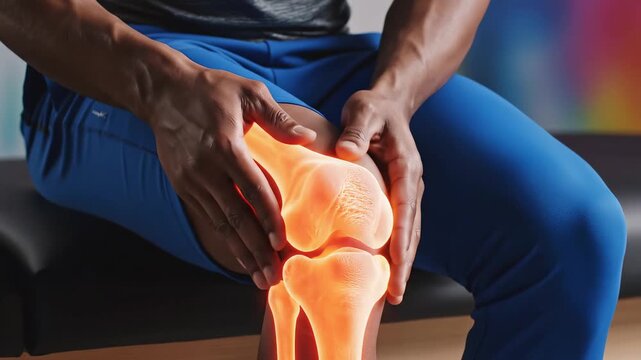 Person holding knee with glowing bone structure emphasizing compassionate care and recovery