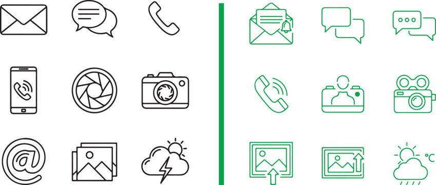 Vector icon set featuring communication, photography, and weather symbols. Ideal for user interface design, mobile apps, and website navigation menus