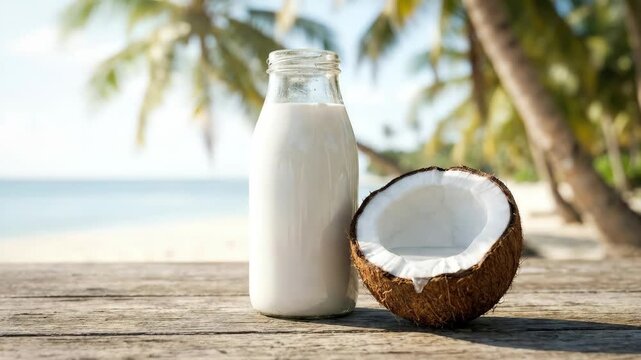 A glass bottle of white coconut milk beside a halved coconut on a wooden table with a blurred tropical beach background, fresh exotic beverage mood, ultra-realistic, no logos.