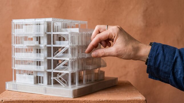 Hand checking fine details on a 3D printed architectural model made from recycled transparent plastic