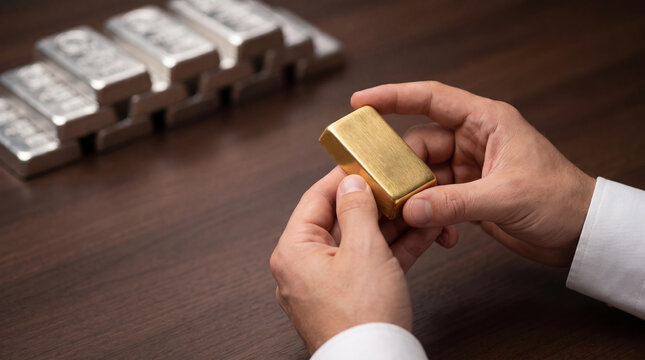 Man holding gold bar with silver bars on desk. Financial investment in precious metal. Asset growth and economy inflation concept. Wealth management and commodity market trading session.