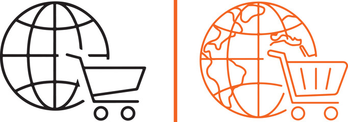 Global e-commerce vector icons featuring a globe and shopping cart in black and orange line art. Ideal for international trade and online retail visuals © Muhammad