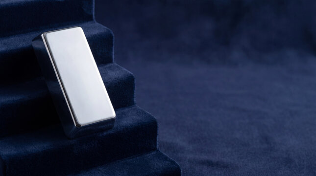 Silver bar sitting on blue velvet stair step concept. Precious metal ingot representing rising price and market value. Financial investment asset symbol for economic growth and wealth.