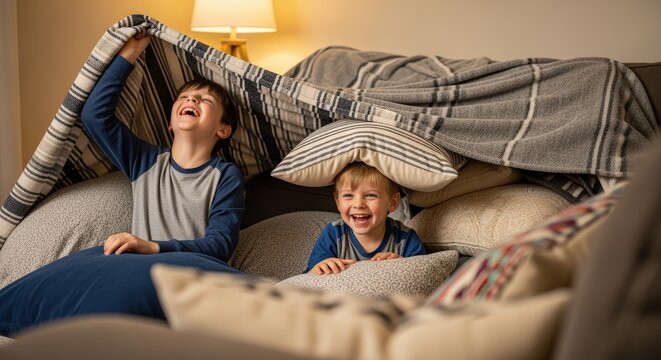 Two cheerful young boys laughing while playing inside a cozy homemade blanket and pillow fort in a warm living room.