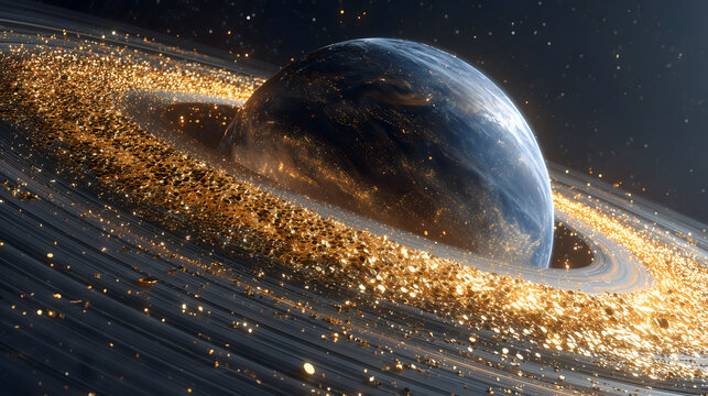 Majestic deep space showing dramatic planet destruction by glowing golden ring of cosmic debris evoking terrifying sense of doom