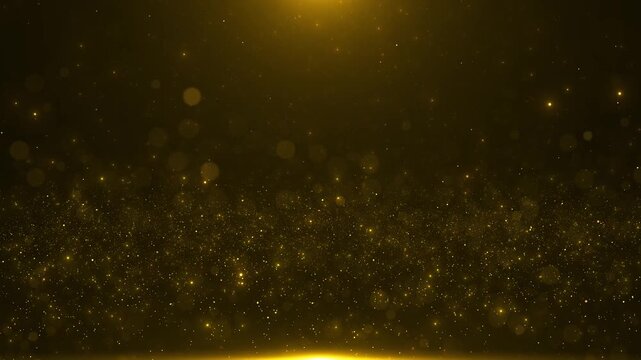 Golden sparkle light background with dark luxury space, floating bokeh, and glowing lower flare. Perfect for wedding videos, award intros, event screens, celebration titles, and overlays.