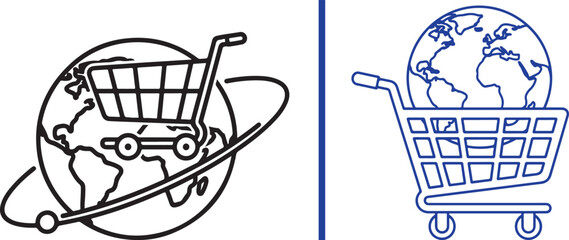Global shopping vector icons with shopping cart and globe. Representing international e-commerce, worldwide trade, and global logistics solutions © Muhammad