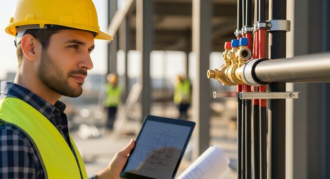 engineer inspecting heating pipe installation at construction site