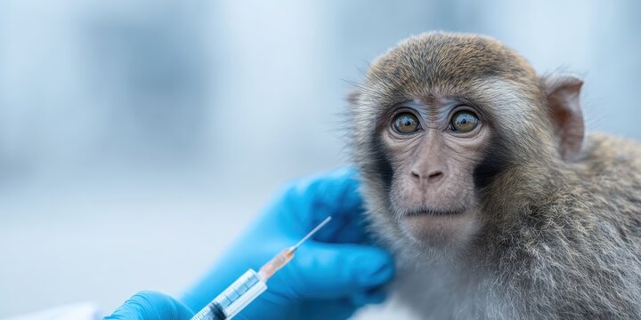Animal vaccination. Doctor giving injection to monkey. Vaccinating mammal. Primate receiving Vaccine shot. Viral zoonotic infectious diseases protection. Monkeypox virus MPXV, mpox. Infection control