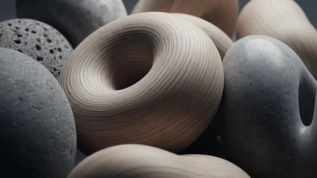 Abstract organic shapes with wood and stone textures