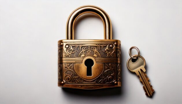 Ornate brass padlock with key on white background, security concept.