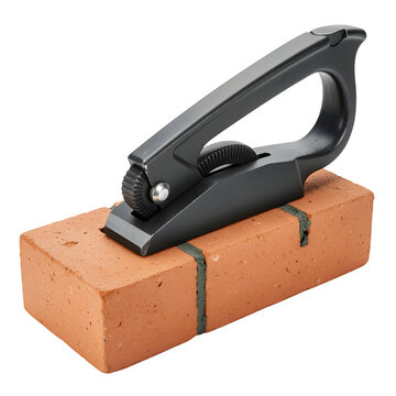 black metal bricklaying clamp gripping red brick isolated on transparent background