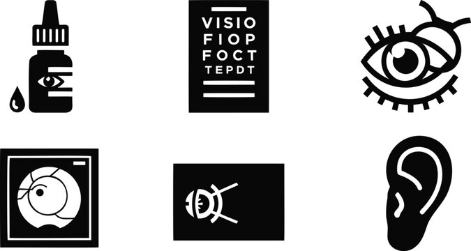 Ophthalmology and visual health vector silhouette illustration line art icon collection.