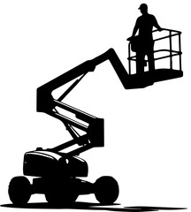 Silhouette of a worker operating a boom lift cherry picker aerial work platform © Rezowan 