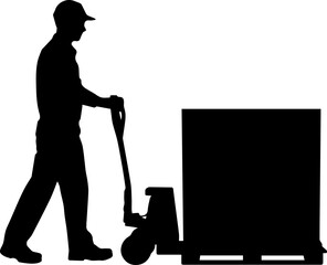 Silhouette of a Warehouse Worker Pushing a Pallet Jack with a Large Box Isolated on White Background © Rezowan 