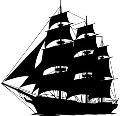 Detailed Black Silhouette of a Vintage Tall Ship with Multiple Sails Isolated on White Background © Rezowan 