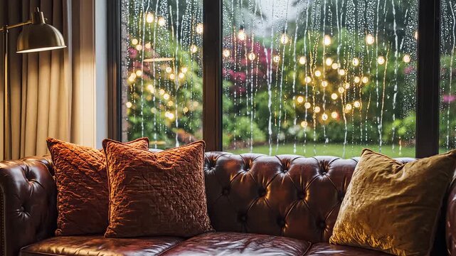 Cozy living room with leather sofa and rainy window emphasizing human connection and authentic emotions