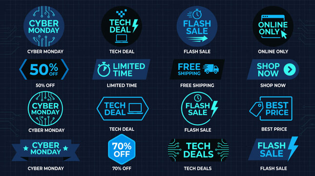 Modern Cyber Monday badge set featuring tech sale labels and digital promo elements.
