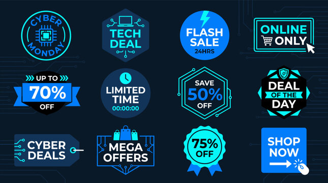 Modern Cyber Monday badge set featuring tech sale labels and digital promo elements.